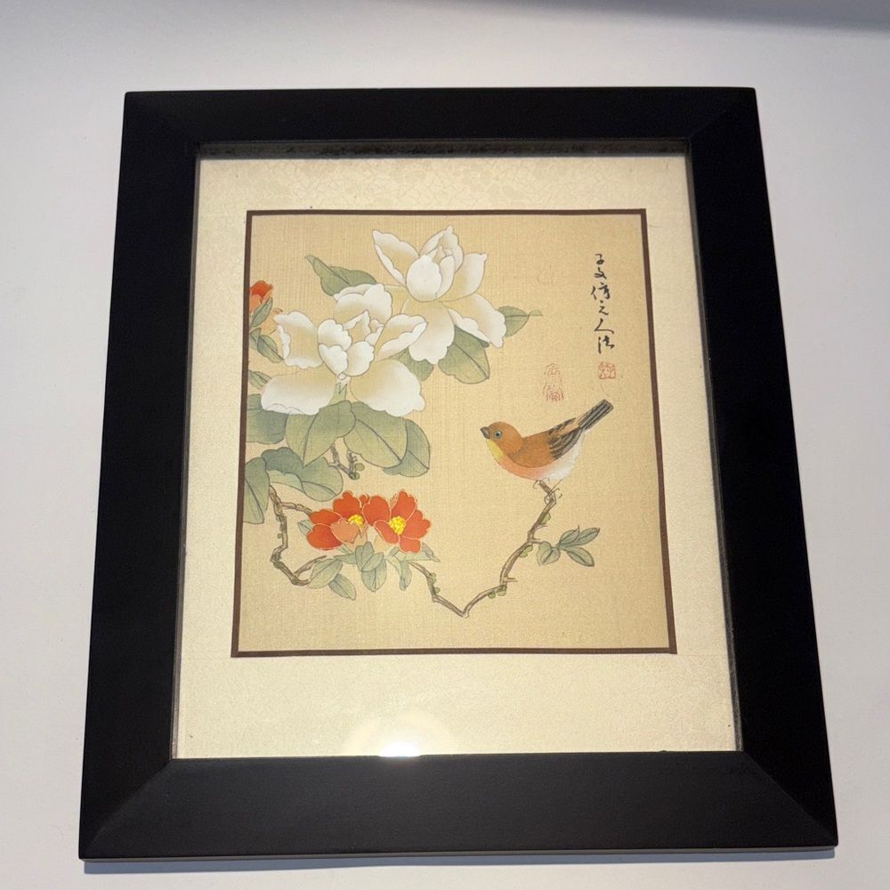 Framed Floral and Bird silk Art Print